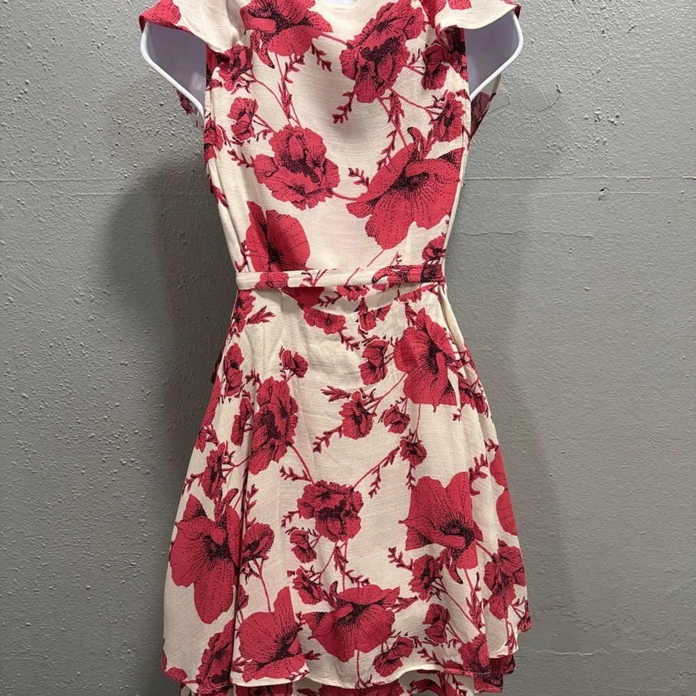 Free People Floral Ruffle Wrap Mini Dress Cream Pink Cap Sleeve Size S‎ - Picture 5 of 8